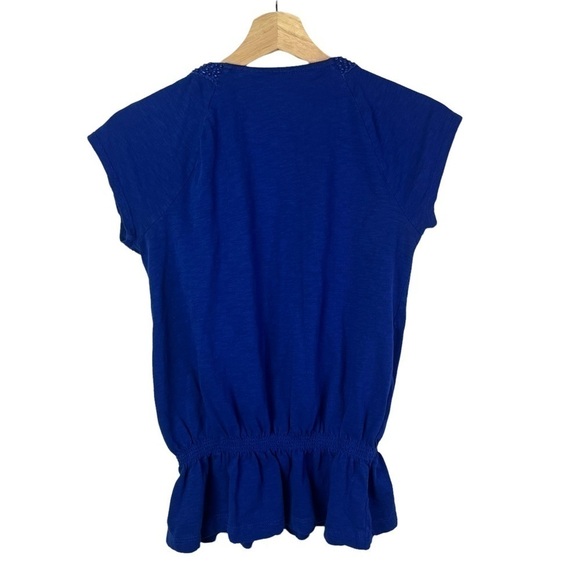Chico's Blue Beaded Smocked Peplum Cotton Short Sleeve 00 - Picture 2 of 5